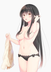 Rule 34 | 1girl, absurdres, arm up, black hair, black panties, blush, breasts, brown eyes, censored, censored nipples, cleavage, collarbone, convenient censoring, cowboy shot, hair censor, hair over breasts, tucking hair, highres, holding, holding towel, long hair, looking at viewer, medium breasts, navel, open mouth, original, panties, sidelocks, simple background, solo, standing, stomach, straight hair, topless, towel, underwear, underwear only, very long hair, white background, yashima roi, yellow eyes