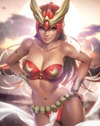 1girl black_eyes black_hair bra bracelet breasts cleavage collarbone commentary darna darna_(character) dcwj english_commentary helmet highres jewelry large_breasts light_smile long_hair looking_at_viewer mole mole_under_eye panties red_bra red_panties redesign solo strapless strapless_bra superhero_costume underwear upper_body