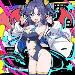 Rule 34 | 1girl, :d, alternate costume, bare shoulders, blue archive, blue leotard, blue nails, blue necktie, blush, breasts, cameltoe, claw pose, clothing cutout, cowboy shot, daiichi (1279220), demon girl, fake horns, fang, highleg, highleg leotard, highres, horns, jacket, leotard, long hair, long sleeves, looking at viewer, multicolored background, navel, necktie, open clothes, open jacket, open mouth, purple eyes, purple hair, smile, solo, standing, thighhighs, white jacket, wings, yellow pupils, yuuka (blue archive)