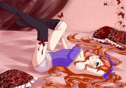 Rule 34 | 1girl, artist request, black thighhighs, blue eyes, breasts, cleavage, corset, lingerie, neon genesis evangelion, no shoes, pillow, red hair, shorts, solo, souryuu asuka langley, thighhighs, underwear