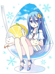 Rule 34 | 1girl, animal, bare shoulders, blue eyes, blue footwear, blue hair, cat, cattail, commentary request, cup, food, fruit, gucchiann, hair between eyes, hand up, highres, in container, in cup, lemon, long hair, looking at viewer, mini person, minigirl, off-shoulder shirt, off shoulder, original, parted lips, plant, shaved ice, shirt, shoes, sitting, snowflake background, solo, spoon, striped, very long hair, white background, white shirt