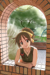 Rule 34 | 1girl, arch, arm support, brown eyes, brown hair, casual, chunpai, head tilt, highres, hirasawa ui, jewelry, k-on!, leaning, necklace, ponytail, short hair, sleeveless, solo, tree, window
