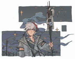 Rule 34 | 1boy, :|, arknights, blue eyes, closed mouth, coat, commentary, elysium (arknights), english commentary, expressionless, flag, grey coat, grey hair, holding, holding flag, holding staff, looking at viewer, male focus, multicolored hair, night, night sky, red hair, red pupils, short hair, sky, solo, sparkle, staff, star (sky), streaked hair, tkm (1322323425), upper body, white background