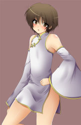 Rule 34 | 1boy, bare shoulders, bob cut, brown eyes, brown hair, china dress, chinese clothes, crossdressing, detached sleeves, dress, little busters!, male focus, masayu, naoe riki, side slit, simple background, solo, trap, white dress