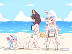 Rule 34 | 3girls, absurdres, all fours, beach, blue archive, breasts, censored, censored nipples, chise (blue archive), chise (swimsuit) (blue archive), doggystyle, futa with female, futanari, greenteaneko, group sex, hanging breasts, highres, hoshino (blue archive), hoshino (swimsuit) (blue archive), izuna (blue archive), izuna (swimsuit) (blue archive), masturbation, multiple girls, navel, novelty censor, outdoors, public indecency, ribbon, sandals, scarf, sex, sex from behind, swimsuit, tail, tail masturbation, threesome, wrist ribbon