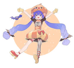 Rule 34 | 1girl, :d, ahoge, arms up, bat (animal), bat wings, black sleeves, blue eyes, blue hair, bow, braid, bubble skirt, circle, eel hat, fake wings, fang, floating, frilled skirt, frills, full body, gloves, halloween, hat, high-waist skirt, high heels, highres, hoop skirt, long hair, looking at viewer, low-braided long hair, low-tied long hair, miniskirt, open mouth, orange headwear, orange skirt, otomachi una, pumpkin hat, red bow, red footwear, shirt, shoe soles, shoes, shrug (clothing), sidelocks, single thighhigh, skirt, smile, striped clothes, striped shirt, striped skirt, striped thighhighs, suiso sn3, thigh strap, thighhighs, twin braids, twintails, two-tone skirt, vertical-striped clothes, vertical-striped shirt, vertical-striped skirt, vertical-striped thighhighs, very long hair, vocaloid, white background, wing hair ornament, wings, yellow gloves