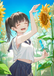 Rule 34 | 1girl, ao+beni, arm up, artist name, belly, blue skirt, blue sky, blush, brown hair, candy, closed eyes, commentary request, flower, food, happy, highres, holding, holding candy, holding food, ice cream, leaf, medium hair, navel, open mouth, original, ponytail, shirt, skirt, sky, smile, solo, standing, sunflower, white shirt, yellow flower