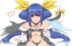 Rule 34 | 1girl, ?, angel wings, artist name, asymmetrical wings, bare shoulders, belt, black panties, breasts, center opening, choker, collarbone, detached sleeves, dizzy (guilty gear), guilty gear, guilty gear x, guilty gear xx, hair between eyes, hair ribbon, hair rings, hand on own chest, huki, large breasts, long hair, long sleeves, looking at viewer, looking up, navel, panties, puffy long sleeves, puffy sleeves, red eyes, ribbon, signature, sitting, solo, stomach, tail, tail ornament, tail ribbon, thigh gap, thighs, twintails, underwear, white background, wings, yellow ribbon