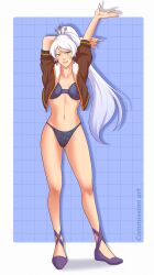 Rule 34 | arm behind back, black bra, black panties, blue background, blue eyes, border, bra, brown jacket, commission, cosplay, hand up, high heels, highres, jacket, long hair, panties, rwby, scar, scar across eye, thighs, tiara, underwear, weiss schnee, white border, white hair, yang xiao long, yang xiao long (cosplay), yellow nicky