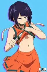 Rule 34 | 1girl, audio jack, black eyes, black hair, blue background, boku no hero academia, breasts, cheerleader, choker, fanbox logo, highres, jirou kyouka, lifting own clothes, long earlobes, navel, orange shirt, orange skirt, pixiv logo, school uniform, shirt, short hair, simple background, skirt, small breasts, solo, tsuranukko, twitter x logo, u.a. school uniform, underboob