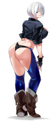 Rule 34 | 1girl, absurdres, angel (kof), ass, black gloves, black panties, blue eyes, boots, breasts, chaps, closed mouth, commentary request, cropped jacket, fingerless gloves, full body, gloves, hair over one eye, highleg, highleg panties, highres, jacket, large breasts, leather, leather jacket, lips, looking at viewer, looking back, midriff, negresco, panties, short hair, simple background, sleeves rolled up, smile, solo, standing, the king of fighters, the king of fighters 2001, thighs, underwear, white background, white hair