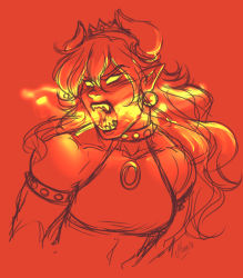 Rule 34 | 1girl, angry, bowsette, bracelet, breasts, brooch, collar, crop top, crown, dated, earrings, glowing, glowing eyes, glowing mouth, highres, horns, jewelry, long hair, looking to the side, mario (series), monochrome, murasaki-yuri, muscular, muscular female, new super mario bros. u deluxe, nintendo, pointy ears, rage face, red theme, roaring, sharp teeth, shirt, signature, sketch, sleeveless, sleeveless shirt, small breasts, solo, spiked bracelet, spiked collar, spikes, super crown, teeth, upper body