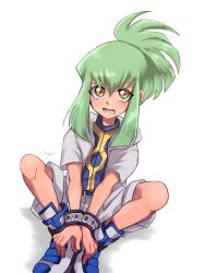 Rule 34 | 1boy, absurdres, androgynous, artist request, blush, green hair, highres, jacket, legs apart, long hair, lua (yu-gi-oh!), open mouth, ponytail, shorts, simple background, sitting, solo, sweat, trap, white background, yellow eyes, yu-gi-oh!, yu-gi-oh! 5d&#039;s