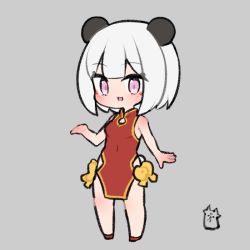 Rule 34 | 1girl, :d, animal ears, bare arms, bare shoulders, blush, breasts, dress, full body, grey background, grey hair, kuroshiro gurei, looking at viewer, open mouth, original, panda ears, pink eyes, red dress, red footwear, shoes, simple background, sleeveless, sleeveless dress, small breasts, smile, solo, standing