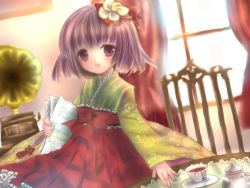 Rule 34 | 1girl, :d, bow, chair, cup, female focus, flower, hair flower, hair ornament, hakama, hakama short skirt, hakama skirt, heida no akyuu, hieda no akyuu, japanese clothes, looking at viewer, open mouth, perfect memento in strict sense, phonograph, purple eyes, purple hair, sheet music, short hair, skirt, smile, solo, tea set, teacup, teapot, touhou, wide sleeves, window
