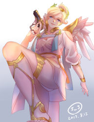 Rule 34 | 1girl, ancient greek clothes, bad id, bad pixiv id, blonde hair, blue background, blue eyes, bracelet, chiton, commentary request, cowboy shot, dated, dress, feathered wings, feet, finger on trigger, foreshortening, from below, gradient background, gun, handgun, head wreath, high ponytail, highres, holding, holding gun, holding weapon, jewelry, jj (pixiv 19227432), laurel crown, looking at viewer, mechanical wings, mercy (overwatch), official alternate costume, overwatch, overwatch 1, panties, pantyshot, pistol, sandals, short sleeves, solo, standing, toes, toga, underwear, watermark, weapon, white background, white dress, white panties, winged victory mercy, wings