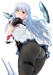 Rule 34 | 10s, 1girl, ass, blush, crotch seam, cum, cum on ass, cum on clothes, from behind, gloves, highres, hiyama izumi (wttdh), hiyamaizumi, kantai collection, long hair, looking back, looking down, murakumo (kancolle), murakumo kai ni (kancolle), panties, panties under pantyhose, pantyhose, red eyes, silver hair, solo, turret, underwear