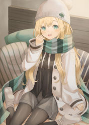 Rule 34 | 1girl, adjusting scarf, aqua eyes, beanie, black pantyhose, black shirt, blonde hair, blue scarf, buttons, clover, coat, enpera, eyebrows hidden by hair, four-leaf clover, grey skirt, hat, hat ornament, highres, indoors, long hair, looking at viewer, on bed, open clothes, open coat, open mouth, original, original-orange-610917, pantyhose, pillow, scarf, shirt, sitting, skirt, sleeves past wrists, smile, socks, socks over pantyhose, solo, striped clothes, striped scarf, wariza, white coat, white footwear