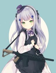 Rule 34 | 1girl, apron, assault rifle, black apron, black bow, black hairband, blue background, blush, bow, closed mouth, commentary request, dress, facial mark, frilled apron, frills, girls&#039; frontline, green eyes, gun, h&amp;k hk416, hair bow, hairband, hat, head tilt, heart, heckler &amp; koch, hk416 (black kitty&#039;s gift) (girls&#039; frontline), hk416 (girls&#039; frontline), long hair, looking at viewer, maid apron, mini hat, mini top hat, name connection, object namesake, official alternate costume, one side up, purple hat, rifle, signature, silltare, silver hair, solo, tilted headwear, top hat, two-tone background, two side up, very long hair, weapon, white background, white dress