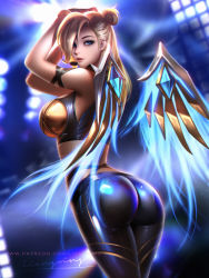 Rule 34 | 1girl, alternate costume, armor, armpits, ass, blonde hair, blue eyes, blurry, blurry background, boobplate, breastplate, breasts, cowboy shot, detached wings, hair bun, hair over one eye, hands in hair, headset, highres, k/da (league of legends), k/da kai&#039;sa, k/da kai&#039;sa-prestige edition, kai&#039;sa, large breasts, league of legends, liang xing, long hair, looking at viewer, looking back, mechanical wings, mercy (overwatch), microphone, midriff, overwatch, overwatch 1, parted lips, signature, single hair bun, skin tight, solo, standing, tagme, very long hair, wings