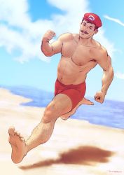 Rule 34 | 1boy, abs, arm hair, bara, bare pectorals, barefoot, beach, blue eyes, blue sky, brown hair, chest hair, day, facial hair, feet, foreshortening, hairy legs, hat, looking at viewer, male focus, male swimwear, mario, mario (series), muscular, mustache, navel, nintendo, ocean, outdoors, pectorals, red hat, red male swimwear, roqqus, running, sand, sky, solo, stomach, super mario odyssey, swim trunks, water