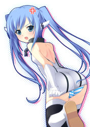 Rule 34 | 1girl, angry, ass, back, bare shoulders, blue eyes, blue hair, blush, cameltoe, chain, collar, fang, gloves, long hair, looking at viewer, looking back, matching hair/eyes, miniskirt, nectar (fujiya), nymph (sora no otoshimono), open mouth, panties, pantyshot, robot ears, skirt, skirt tug, solo, sora no otoshimono, striped clothes, striped panties, thighhighs, trefoil, twintails, underwear, upskirt