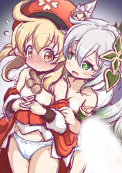 2girls blank_censor blonde_hair blush breasts censored dress full-face_blush genshin_impact grabbing grabbing_from_behind interlocked_fingers klee_(genshin_impact) multicolored_hair multiple_girls nahida_(genshin_impact) naughty_face panties pantyshot pointy_ears red_dress red_headwear simple_background sketch small_breasts tomagiri underwear undressing_another white_hair