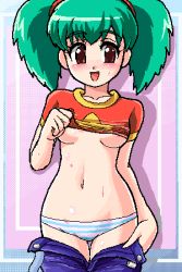 Rule 34 | 1girl, areola slip, blush, breasts, clothes lift, clothes pull, collarbone, creatures (company), denim, duplica (pokemon), game freak, green hair, jeans, konpeto, lowres, midriff, navel, nintendo, no bra, oekaki, panties, pants, pants pull, pokemon, pokemon (anime), shirt lift, solo, standing, striped clothes, striped panties, sweat, thigh gap, thighs, twintails, underboob, underwear, undressing