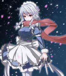 Rule 34 | 1girl, apron, between fingers, blue dress, braid, breasts, dress, frilled dress, frills, holding, holding knife, izayoi sakuya, knife, knives between fingers, large breasts, light smile, long sleeves, maid, maid apron, maid headdress, night, pantyhose, perfect cherry blossom, petals, puffy long sleeves, puffy sleeves, red eyes, scarf, silver hair, snowing, solo, tendo, touhou, twin braids, white pantyhose, wind, wrist cuffs
