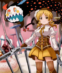 Rule 34 | 10s, 1girl, beret, blonde hair, blush, boots, brown thighhighs, charlotte (madoka magica), corset, detached sleeves, drill hair, dual wielding, fingerless gloves, gloves, gun, hair ornament, hairpin, hat, highres, holding, magical girl, magical musket, mahou shoujo madoka magica, mahou shoujo madoka magica (anime), pleated skirt, puffy sleeves, ribbon, rifle, sen-asanagi, skirt, smile, striped clothes, striped thighhighs, thighhighs, tomoe mami, twin drills, twintails, vertical-striped clothes, vertical-striped thighhighs, weapon, witch&#039;s labyrinth, zettai ryouiki