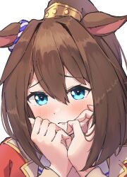 Rule 34 | 1girl, absurdres, animal ears, beautifulinsnow, blue eyes, blush, closed mouth, commentary request, covering own mouth, ear ornament, ears down, el condor pasa (umamusume), hair between eyes, highres, horse ears, horse girl, jacket, long hair, long sleeves, looking at viewer, no mask, ponytail, red jacket, simple background, solo, umamusume, upper body, wavy mouth, white background