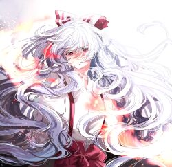 Rule 34 | 1girl, bow, closed mouth, commentary request, fire, floating hair, fujiwara no mokou, hair bow, highres, juliet sleeves, long hair, long sleeves, looking at viewer, mokoiscat, pants, puffy sleeves, red bow, red eyes, red pants, solo, suspenders, touhou, upper body, very long hair, white bow, white hair