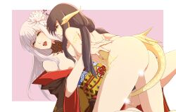 Rule 34 | areola slip, ass, au ra, black choker, black hair, breasts, brown eyes, censored, choker, commentary, completely nude, crying, crying with eyes open, final fantasy, final fantasy xiv, flower, grey hair, hair flower, hair ornament, hand on another&#039;s back, highres, hyur, japanese clothes, kimono, large breasts, long hair, nude, nyasa, obi, off shoulder, open mouth, pink background, pussy, pussy juice, red kimono, red lips, sash, scales, tail insertion, tears, twintails, two-tone background, vaginal, white background, white flower, white hair, yotsuyu goe brutus, yugiri mistwalker, yuri