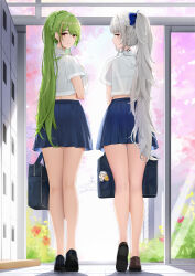 Rule 34 | 2girls, alternate costume, azur lane, bag, bag charm, bare legs, blue bow, blue skirt, bow, braid, breasts, charm (object), closed mouth, cropped shirt, doorway, from behind, full body, green hair, grey eyes, grey hair, hair bow, highres, holding, holding bag, large breasts, littorio (azur lane), locker, long hair, looking at viewer, looking back, manjuu (azur lane), midriff, multicolored hair, multiple girls, parted lips, pleated skirt, ponytail, qing wu, red eyes, school, school bag, shirt, short sleeves, skirt, streaked hair, very long hair, vittorio veneto (azur lane), wavy hair, white shirt