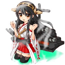 Rule 34 | 1girl, absurdres, bare shoulders, black hair, boots, brown eyes, cowboy shot, detached sleeves, hair ornament, hairband, hairclip, haruna (kancolle), headgear, highres, izuna yoshitsune, japanese clothes, kantai collection, long hair, looking at viewer, machinery, pleated skirt, red skirt, ribbon-trimmed sleeves, ribbon trim, simple background, skirt, smile, solo, thigh boots, thighhighs, white background