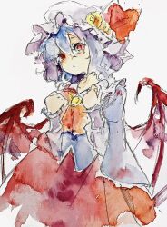 Rule 34 | 1girl, blue capelet, blue hair, bow, brooch, capelet, closed mouth, commentary, cowboy shot, graphite (medium), hands up, hat, hat bow, highres, jewelry, long sleeves, looking at viewer, mob cap, painting (medium), puffy long sleeves, puffy sleeves, red bow, red eyes, red skirt, remilia scarlet, shirt, short hair, skirt, slit pupils, solo, symbol-only commentary, touhou, traditional media, vampire, watercolor (medium), white shirt, yanyanman
