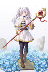 Rule 34 | 1girl, absurdres, arus, belt, blue flower, boots, capelet, dangle earrings, earrings, elf, flower, frieren, gold trim, green eyes, highres, jewelry, light smile, long hair, looking at viewer, mage staff, nemophila (flower), pantyhose, pointy ears, shirt, skirt, solo, sousou no frieren, striped clothes, striped shirt, thick eyebrows, twintails, white capelet, white hair, white skirt