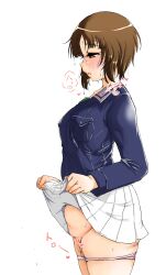 Rule 34 | 1girl, blush, breasts, brown eyes, brown hair, censored, clothes lift, from side, girls und panzer, kami ryuoo, large breasts, nishizumi miho, ooarai military uniform, open mouth, panties, panty pull, pussy, pussy juice, skirt, skirt lift, solo, sweat, underwear