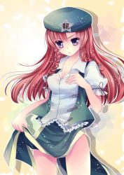 Rule 34 | 1girl, absurdres, bad id, bad pixiv id, braid, breasts, cleavage, clothes lift, dress shirt, female focus, highres, hong meiling, long hair, medium breasts, mikazuki sara, open clothes, open vest, purple eyes, red hair, shirt, side slit, skirt, skirt lift, solo, touhou, twin braids, vest