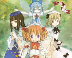 Rule 34 | 4girls, ;), alternate universe, blonde hair, blue eyes, blue hair, bow, brown hair, cirno, dress, drill hair, fang, gap (touhou), hair bow, hat, kamome202, kedama (touhou), kyubey, long hair, luna child, mahou shoujo madoka magica, mahou shoujo madoka magica (anime), multiple girls, one eye closed, open mouth, orange hair, outstretched arms, parody, purple eyes, red eyes, ribbon, short hair, smile, star sapphire, style parody, sunny milk, touhou, twintails, wings, wink, yellow eyes