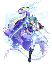 Rule 34 | 1girl, aqua eyes, aqua hair, boots, claws, creatures (company), dolldolldd, dragon, dragon miku (project voltage), electricity, fake horns, game freak, hatsune miku, headphones, highres, holding, holding sword, holding weapon, horns, microphone, miraidon, nintendo, open mouth, pants, pokemon, pokemon (creature), project voltage, side cape, simple background, sword, twintails, vocaloid, weapon, white background