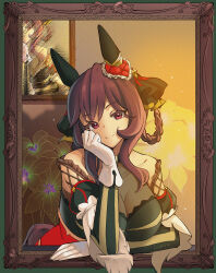 1girl animal_ears breasts brown_hair cleavage closed_mouth detached_sleeves flower frills gentildonna_(umamusume) gloves hair_rings hand_up heart highres horse_ears kuzumochi_(kuzumochiya) large_breasts layered_sleeves long_sleeves picture_frame puffy_short_sleeves puffy_sleeves red_eyes red_skirt see-through_cleavage see-through_clothes short_over_long_sleeves short_sleeves skirt smile solo striped_sleeves umamusume white_gloves