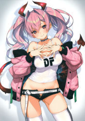 Rule 34 | 1girl, absurdres, bare shoulders, belt, blush, breasts, buttons, choker, closed mouth, collarbone, demon horns, demon tail, fingernails, head tilt, highres, horns, jacket, lips, long hair, long sleeves, looking at viewer, medium breasts, midriff, off shoulder, open clothes, open jacket, original, pink hair, red eyes, saitou masatsugu, scan, short shorts, shorts, simple background, solo, symbol-shaped pupils, tail, thighhighs, twintails, unzipped, zipper, zipper pull tab