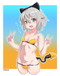 Rule 34 | 1girl, bikini, blush, border, breasts, cowboy shot, cropped legs, double v, gradient background, grey eyes, grey hair, hair between eyes, highres, mechanical ears, mechanical tail, mudou eichi, navel, open mouth, original, short hair, small breasts, smile, solo, swimsuit, tail, teeth, upper teeth only, v, white border