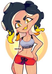 Rule 34 | 1girl, black hair, blonde hair, breasts, cleavage, clothes writing, collarbone, fangs, grey sports bra, hand on own hip, long hair, looking at viewer, medium breasts, multicolored hair, navel, nintendo, octoling, octoling girl, octoling player character, octopus girl, open mouth, red shorts, shorts, smile, splatoon (series), sports bra, sprayjea, standing, tentacle hair, tentacles, two-tone hair, white background, yellow eyes