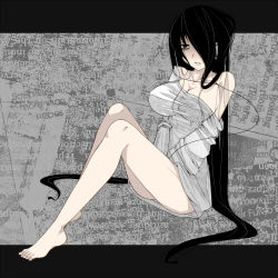 Rule 34 | 1girl, aoshima, bare legs, bare shoulders, barefoot, black eyes, black hair, breasts, cable, cleavage, empty eyes, hair over one eye, headphones, highres, large breasts, long hair, naked shirt, no bra, off shoulder, original, shirt, narrow waist, solo, very long hair