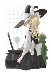 Rule 34 | 1girl, absurdres, back bow, bandaid, bandaid on arm, bandaid on hand, black dress, black hat, blonde hair, bow, braid, cauldron, chu (yuzumeno), dress, grid background, hair bow, hand on own neck, hand up, hat, highres, kirisame marisa, long hair, long sleeves, looking down, motion lines, parted lips, pinafore dress, shirt, sidelocks, sideways mouth, simple background, single braid, sleeveless, sleeveless dress, smoke, solo, sweatdrop, touhou, white background, white bow, white shirt, witch hat, yellow eyes