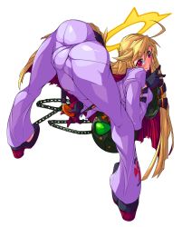 Rule 34 | 1girl, ahoge, arc system works, ass, ball and chain restraint, belt, bent over, blonde hair, blush, bodysuit, cameltoe, candy, food, from behind, gloves, guilty gear, guilty gear xrd, guilty gear xrd: revelator, halo, highres, huge ass, jack-o&#039; valentine, lollipop, long hair, looking at viewer, multicolored hair, pantylines, red eyes, red hair, rurukichi, shiny clothes, simple background, skin tight, smile, solo, very long hair, white background