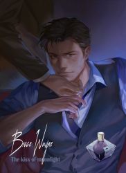 Rule 34 | 2boys, batman (series), black hair, black vest, blouse, bottle, bruce wayne, character name, closed mouth, collared shirt, cosmetics, dc comics, highres, looking at viewer, male focus, multiple boys, necktie, perfume (cosmetics), perfume bottle, shirt, short hair, sideburns, solo focus, tobu (bilibil), upper body, vest, white shirt