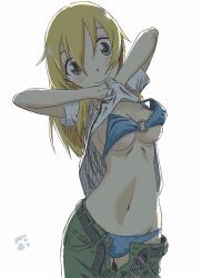 Rule 34 | 1girl, artist logo, backlighting, belt, bikini, bikini top lift, bikini under clothes, black belt, blonde hair, blue bikini, breasts, carpaccio (girls und panzer), closed mouth, clothes lift, commentary, cowboy shot, denim, denim shorts, girls und panzer, green eyes, green shorts, head tilt, highres, kainushi, lifted by self, long hair, looking at viewer, medium breasts, navel, o-ring, o-ring bikini, one-hour drawing challenge, open clothes, open shorts, shirt, shirt lift, short sleeves, shorts, simple background, skindentation, smile, solo, standing, swimsuit, t-shirt, undressing, white background, white shirt